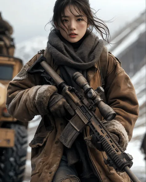 8k,  Photorealistic、 full shot 、 Realistic Skin Texture 、、 beautiful Japanese woman living in America、 with long hair tied 、 stains、 holding a sniper rifle 　 walking while looking at me 、 snowy mountainous area 、、Age 30、 Im tired、 worn out and tattered boo...