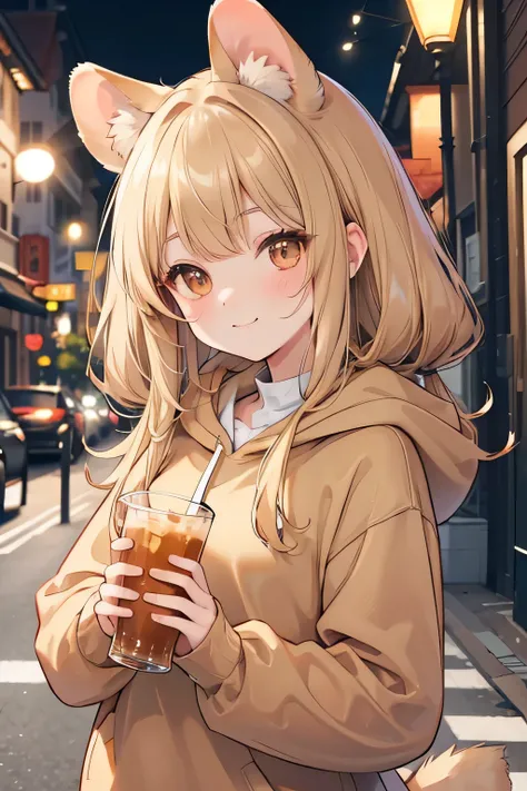 a cute hamster girl with brown rabbit-like ears, deep brown inner ears, brown fur, brown fluffy neck, brown fluffy tail tipped with light brown, large brown eyes, wearing hooded sweatshirt, holding a drink, masterpiece, best quality, blonde hair, backgroun...