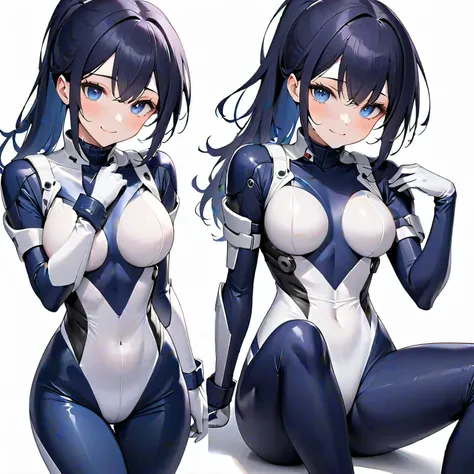 (​masterpiece、 top quality、 highest resolution、Clear image、 detailed images、 The angle is from above ): (solo、Lonely Girl、Japanese Face、 high knot ponytail、Dark blue hair girl、Sparkling Blue Eyes、( white and navy blue pilot suit with enamel finish、 white a...