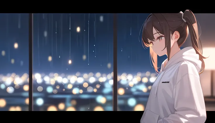 Fraction_9,Fraction_8_up,Impressionism ,night.1 girls return,Brown side ponytail， white hoodie ，View from inside the room,Rainy city views, depth of field, movie lights，（（return）），return of the head, starry sky 、