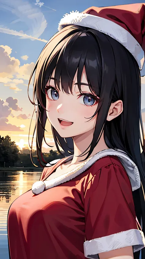 (1 person)、(((Black Hair)))、((whole body))、(((Santa outfit with front open)))、((Random Pause))、((At the summer lake in the grassland))、(((whole body)))、(Beautiful Japanese Women)、(Santa hat)、((Santa clothes))、 (Red and black one-piece school swimsuit)、((Op...