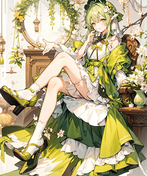  full-body, Girl, modern chinese costume, green eyes, light green hair, flying hair, dark brown sleeve, Citrus green and white dress, knee length dress, Black and brown puff sleeves, ribbon, cute black lolita shoes, white socks, Chinese_background, Chinese...