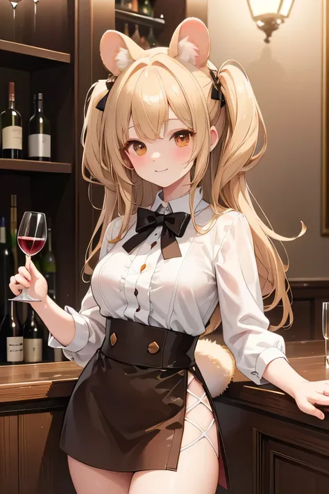 a cute hamster girl with brown rabbit-like ears, deep brown inner ears, brown fur, brown fluffy neck, brown fluffy tail tipped with light brown, large brown eyes, holding a wine glass, masterpiece, best quality, blonde hair, background was at the bar, smil...