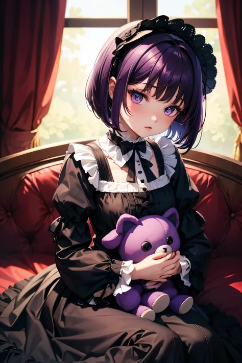 One young girl， high definition ,  dark purple hair, Bob， Straight Short Hair， holding a stuffed animal，Lolita，Gothic Lolita clothes ，