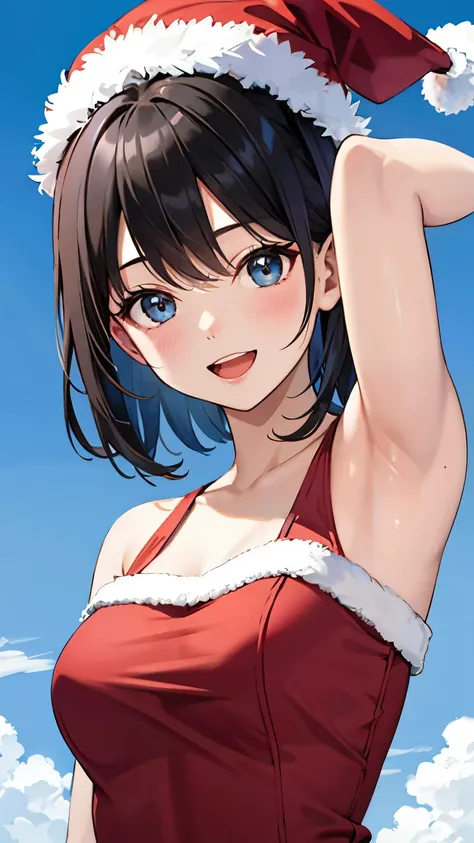 (1 person)、(((Black Hair)))、((whole body))、(((Santa outfit with front open)))、((Show me your armpits))、((At the summer lake in the grassland))、(((whole body)))、(Beautiful Japanese Women)、(Santa hat)、((Santa clothes))、 (Red and black one-piece school swimsu...