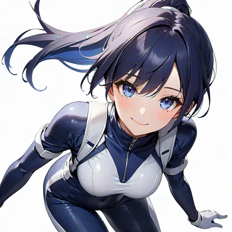 (​masterpiece、 top quality、 highest resolution、Clear image、 detailed images、 The angle is from above ): (solo、Lonely Girl、Japanese Face、 high knot ponytail、Dark blue hair girl、Sparkling Blue Eyes、( white and navy blue pilot suit with enamel finish、 white a...