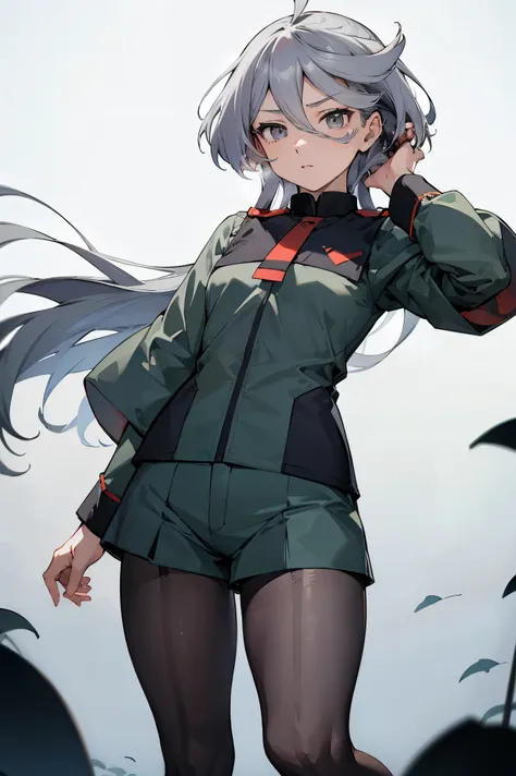 NSFW,masterpiece, top quality, high definition , very detailed ,miorine rembran、Asticasia uniform、solo、 long hair on background、 gray eyes、Grey Hair、 、Seamed legwear、 green shorts、 ties、bangs、 hair between eyes、 black pantyhose、 Long Sleeve 、 green jacket、...