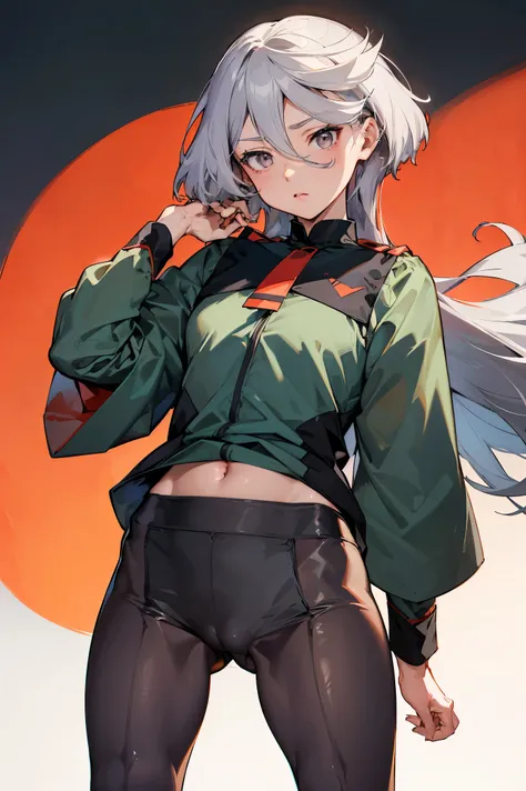 NSFW,masterpiece, top quality, high definition , very detailed ,miorine rembran、Asticasia uniform、solo、 long hair on background、 gray eyes、Grey Hair、 、Seamed legwear、 green shorts、 ties、bangs、 hair between eyes、 black pantyhose、 Long Sleeve 、 green jacket、...