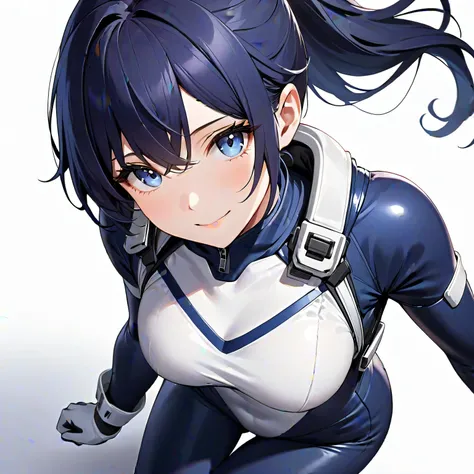 (​masterpiece、 top quality、 highest resolution、Clear image、 detailed images、 The angle is from above ): (solo、Lonely Girl、Japanese Face、 high knot ponytail、Dark blue hair girl、Sparkling Blue Eyes、( white and navy blue pilot suit with enamel finish、 white a...