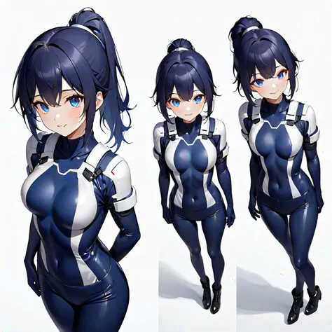 (​masterpiece、 top quality、 highest resolution、Clear image、 detailed images、 The angle is from above ): (solo、Lonely Girl、Japanese Face、 high knot ponytail、Dark blue hair girl、Sparkling Blue Eyes、( white and navy blue pilot suit with enamel finish、 white a...