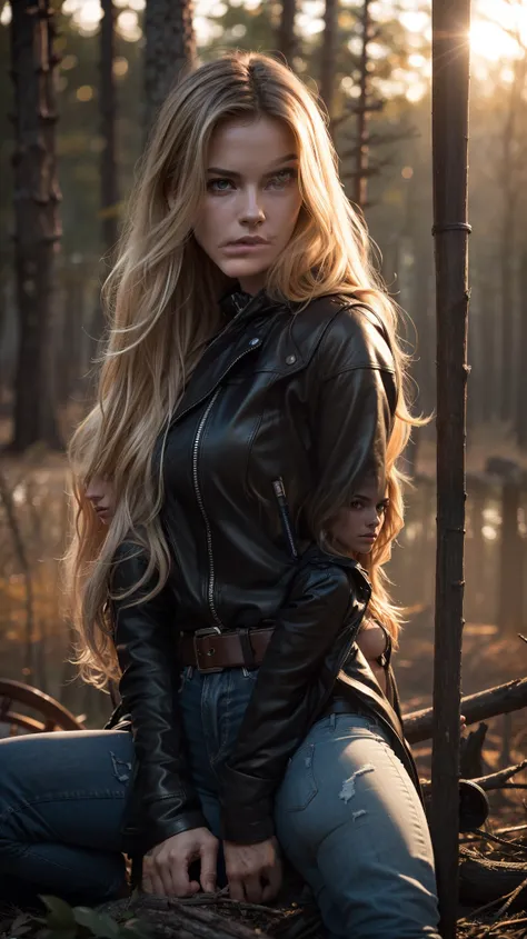 An ultra hot gorgeous European woman, age 23. She’s a playmate and men magazine supermodel. Long wavy blond hair, messy wind blown hair, Full body, sitting by a campfire, wearing brown leather coat, dark blue jeans, (extremely detailed 8k wallpaper), mood ...