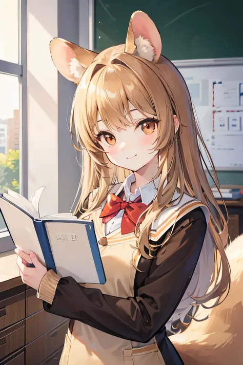 a cute hamster girl, deep brown inner ears, brown fur, brown fluffy neck, brown fluffy tail tipped with light brown, large brown eyes, holding a book, masterpiece, best quality, blonde hair, background was at the classroom, smile, wearing a school uniform