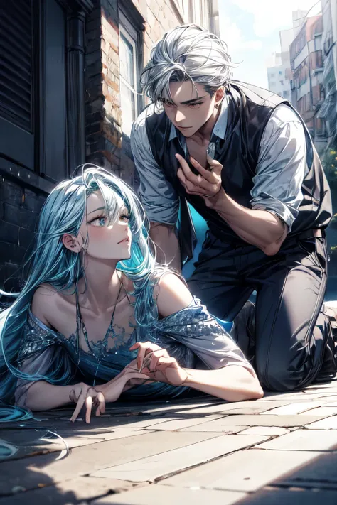 handsome man lay down on the ground with beautiful woman, Casual wear, high definition, emphasis on details, bright tones, Masterpiece, two person, 1 man and 1 woman, relax pose, dynamic, exquisite hair face, meticulous eyes, sunshine, unique hair color, s...