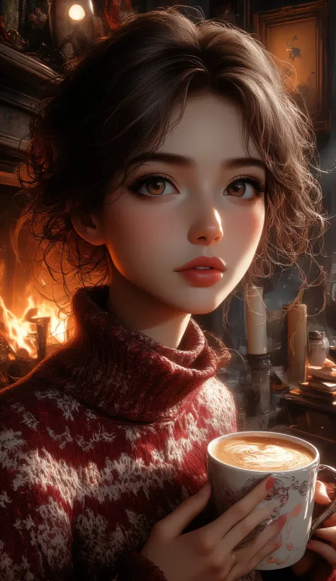 A beautiful woman with beautiful eyes:1.2, detailed eyes, beautiful full lips, highly detailed eyes and faces, long eyelashes, cute expression, smile, sitting:1.4, holding a cup of hot latte, homely background, Christmas sweater, fireplace, warm light, det...