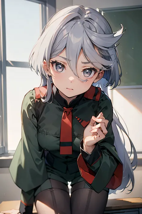 NSFW,masterpiece, top quality, high definition , very detailed ,miorine rembran、Asticasia uniform、solo、 long hair on background、 gray eyes、Grey Hair、 、Seamed legwear、 green shorts、 ties、bangs、 hair between eyes、 black pantyhose、 Long Sleeve 、 green jacket、...