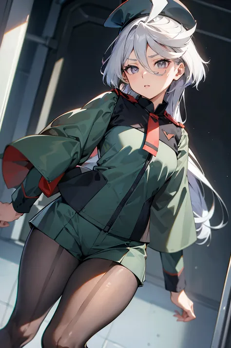 NSFW,masterpiece, top quality, high definition , very detailed ,miorine rembran、Asticasia uniform、solo、 long hair on background、 gray eyes、Grey Hair、 、Seamed legwear、 green shorts、 ties、bangs、 hair between eyes、 black pantyhose、 Long Sleeve 、 green jacket、...