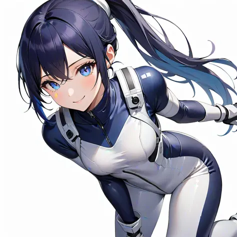 (​masterpiece、 top quality、 highest resolution、Clear image、 detailed images、 The angle is from above ): (solo、Lonely Girl、Japanese Face、 high knot ponytail、Dark blue hair girl、Sparkling Blue Eyes、( white and navy blue pilot suit with enamel finish、 white a...