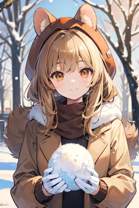 a cute hamster girl, deep brown inner ears, brown fur, brown fluffy neck, brown fluffy tail tipped with light brown, large brown eyes, masterpiece, best quality, blonde hair, background was at the park, smile, wearing a sweater, wearing a scarf, winter, ho...