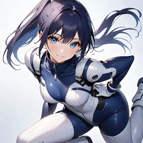 (​masterpiece、 top quality、 highest resolution、Clear image、 detailed images、 The angle is from above ): (solo、Lonely Girl、Japanese Face、 high knot ponytail、Dark blue hair girl、Sparkling Blue Eyes、( white and navy blue pilot suit with enamel finish、 white a...