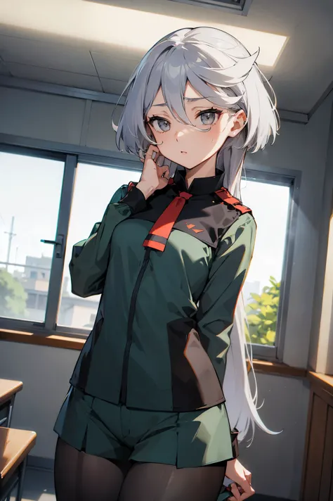 NSFW,masterpiece, top quality, high definition , very detailed ,miorine rembran、Asticasia uniform、solo、 long hair on background、 gray eyes、Grey Hair、 、Seamed legwear、 green shorts、 ties、bangs、 hair between eyes、 black pantyhose、 Long Sleeve 、 green jacket、...