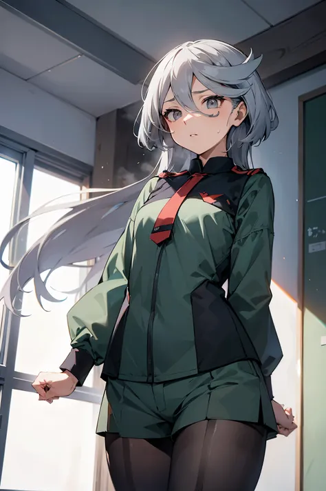 NSFW,masterpiece, top quality, high definition , very detailed ,miorine rembran、Asticasia uniform、solo、 long hair on background、 gray eyes、Grey Hair、 、Seamed legwear、 green shorts、 ties、bangs、 hair between eyes、 black pantyhose、 Long Sleeve 、 green jacket、...