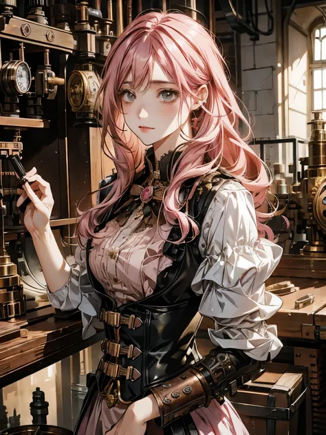 pink hair girl, intricate steampunk machinery, hydraulic cylinders, complex gears, clockwork mechanisms, copper and brass accents, muted color palette, warm tones, highly detailed