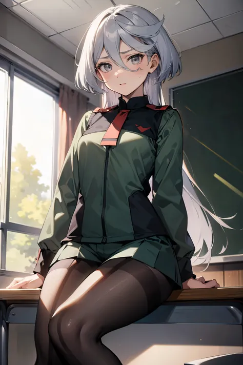 NSFW,masterpiece, top quality, high definition , very detailed ,miorine rembran、Asticasia uniform、solo、 long hair on background、 gray eyes、Grey Hair、 、Seamed legwear、 green shorts、 ties、bangs、 hair between eyes、 black pantyhose、 Long Sleeve 、 green jacket、...