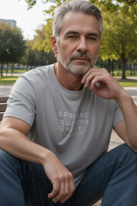 best quality, clear quality, high quality, 4K, 8k, very detailed face , detailed fingers ,detailed hands, detailed eyes, russian man, muscled and mature, gray-haired, wearing t-shirt and jeans, sitting in the park