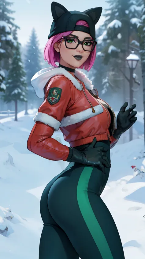 1 girl, black lips, choker, (masterpiece) sunny day (forest Night) (best quality) ,(alone), looking back , relaxing pose,  high detailed, extremely detailed, fine green eyes,winter jacket, christmas jacket, Christmas leggins,all red, Santa Claus cap ,elbow...