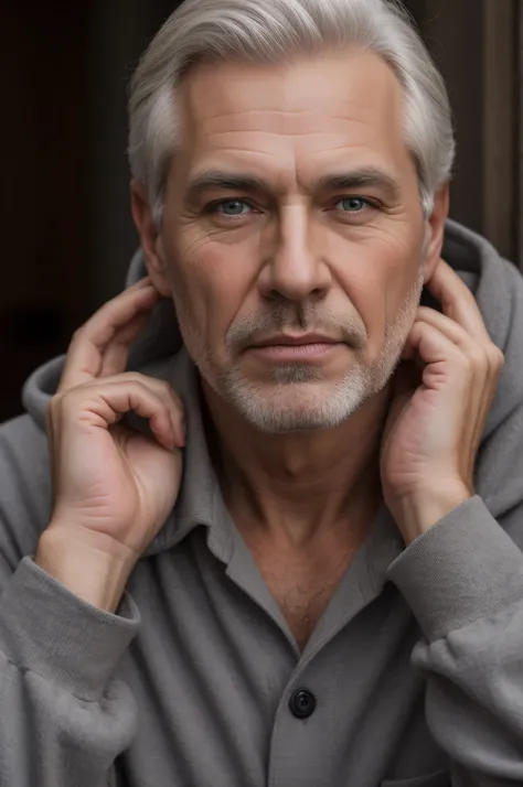 best quality, clear quality, high quality, 4K, 8k, very detailed face , detailed fingers ,detailed hands, detailed eyes, russian man, muscled and mature, gray-haired, wearing, sexy posing