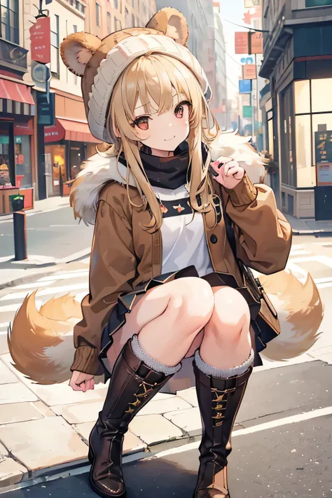 a cute hamster girl, blonde hair,detailed brown ears with darker inner color, soft brown fur, fluffy brown neck fur, fluffy brown tail with light brown tip, large expressive brown eyes, wearing a short down jacket, wearing a pleated skirt, wearing a long b...