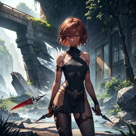 masterpiece, best quality, highly detailed, digital art, character design, full body shot, (female elf assassin), (dark skin tone:1.3), (dark red eyes:1.2), (short terracotta hair:1.3), hair ornament, long eyelashes, (small pointy ears:1.2), lean muscular ...