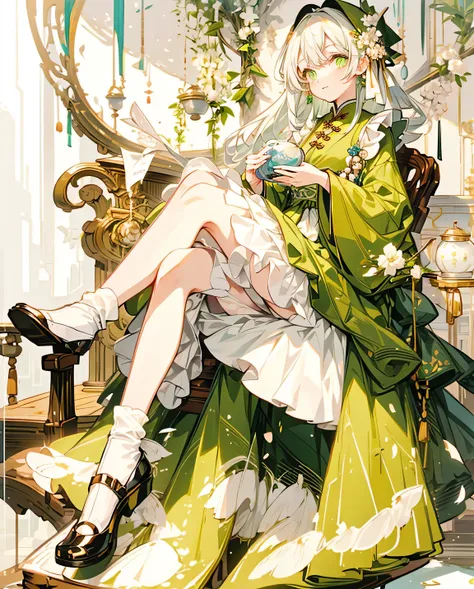  Head turned to the right, full-body, Girl, modern chinese costume, green eyes, light green hair, flying hair, dark brown sleeve, maid outfit, Citrus green and white dress, knee length dress, Black and brown puff sleeves, ribbon, cute black lolita shoes, w...