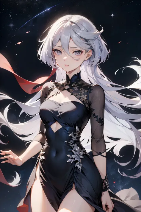 NSFW,masterpiece, top quality, high definition , very detailed ,miorine rembran、 long hair on background、 gray eyes、Grey Hair、 、bangs、 hair between eyes、Floating Hair,(High-quality dress:1.3)