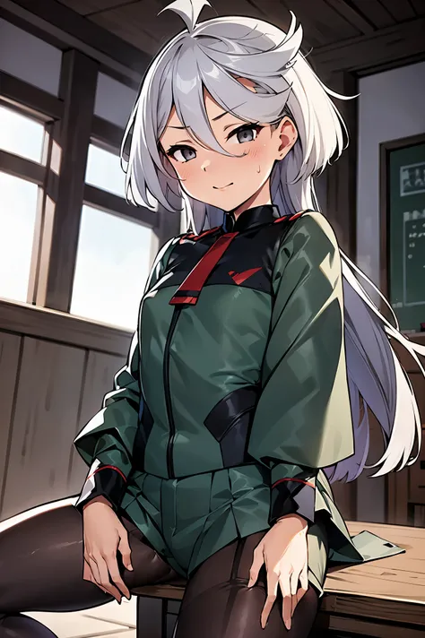 NSFW,masterpiece, top quality, high definition , very detailed ,miorine rembran、Asticasia uniform、solo、 long hair on background、 gray eyes、Grey Hair、 、Seamed legwear、 green shorts、 ties、bangs、 hair between eyes、 black pantyhose、 Long Sleeve 、 green jacket、...