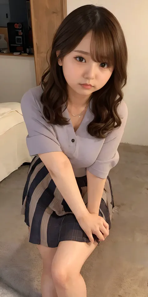 Japanese maid,   MatureMature, (( Slightly Chubby , Round face, 43 years old)),  wavy black hair without bangs,  long hair,  twin ponytail,  fancy makeup , Fuller lips,  sexy gaze, uniform, ((dressing)),  staring at the camera , Low angle shooting, Cute du...