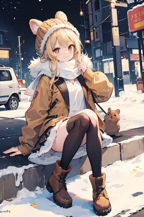 a cute hamster girl, blonde hair, blonde eyes, detailed brown ears with darker inner color, soft brown fur, fluffy brown neck fur, fluffy brown tail with light brown tip, large expressive brown eyes, wearing a short down jacket, wearing a pleated skirt, we...