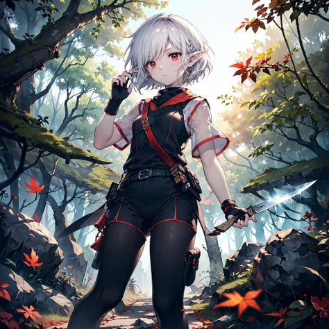 masterpiece, best quality, highly detailed, digital art, character design, full body shot, (female elf assassin), (white skin tone:1.3), (dark red eyes:1.2), ((short terracotta hair:1.3)), hair ornament, long eyelashes, (small pointy ears:1.2), lean muscul...