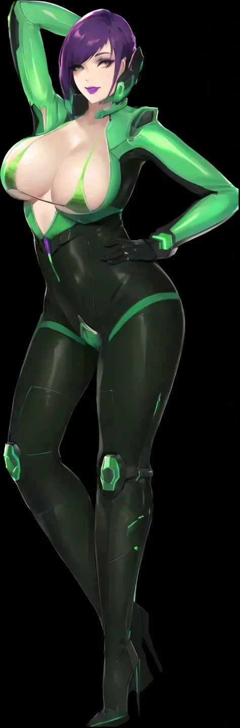 a woman in a green outfit and black boots posing, thick smooth warframe thighs, neon edges on bottom of body, thick warframe legs, cyber suit, oppai cyberpunk, laserpunk fullbodysuit, sleek glowing armor, cybersuit, lucio as a woman, android heroine, samus...