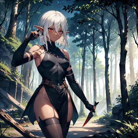 masterpiece, best quality, highly detailed, digital art, character design, full body shot, (single female elf assassin:1.4), ((dark skin tone:1.3)), (dark red eyes:1.2), ((short dark ash hair:1.3)), hair ornament, long eyelashes, (small pointy ears:1.2), l...