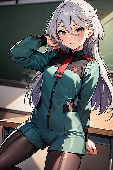 NSFW,masterpiece, top quality, high definition , very detailed ,miorine rembran、Asticasia uniform、solo、 long hair on background、 gray eyes、Grey Hair、 、Seamed legwear、 green shorts、 ties、bangs、 hair between eyes、 black pantyhose、 Long Sleeve 、 green jacket、...