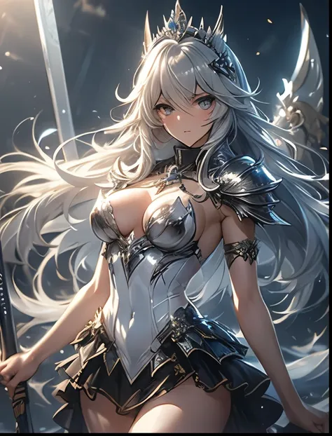 （（（ＳＦＷ、Precision、Highest quality、A first-class masterpiece、Normal body、8k、  Detailed Face 、Ultra-precision、 Normal hand、５refer to、Highest）））、Shy and cute silver-haired paladin、 Embarrassing Erection Nipples See-Through High Leg Cut Through High Leg Cut In ...