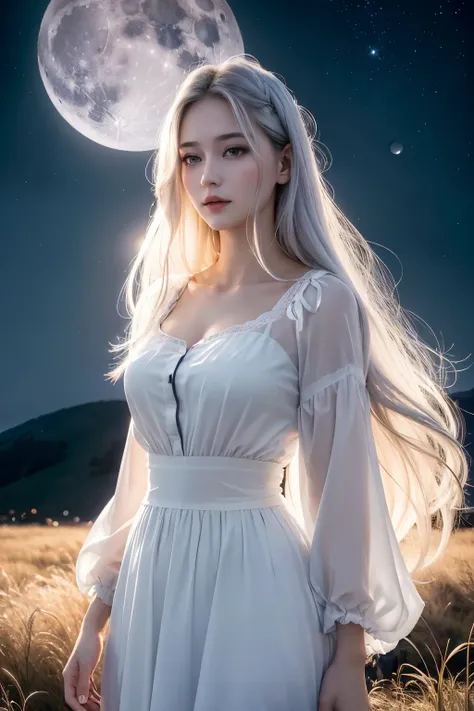 ((最高quality)), ((  Masterpiece )), (  Details), 
Adult woman standing in the moonlight,　White clothes.　 beautiful face,　blue eyes and silvery hair, 
 long hair ,  looking up at the moon , 4ｋquality, grassland , An adult woman standing in the moonlight with...