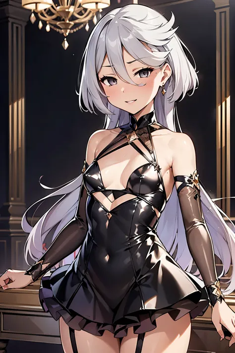 NSFW,masterpiece, top quality, high definition , very detailed ,miorine rembran、 long hair on background、 gray eyes、Grey Hair、 、bangs、 hair between eyes、Floating Hair,(High-quality dress:1.3), party venue , chandeliers 