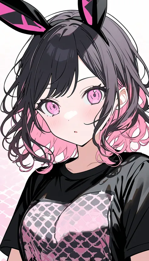 Generate an image of Honami Mochizuki from Project Sekai. bunny girl  with long, ight pink eyes,. body hair: wavy short Hair color: with short black hair and inner pink hair,and a warm, cool wear black t shirt