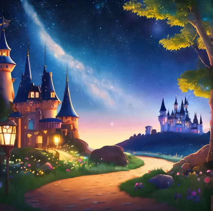 Disney pixar, scenic pictures、Western style castle、there is a winding road leading to the castle。Magic Night, Disney style illustrations, magical lullabies, dreamy atmosphere, starry sky,,bedtime stories, Animated backgrounds, night adventures, Sweet dream...