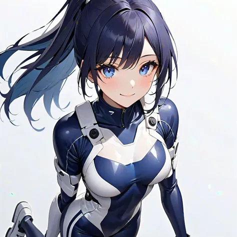 (​masterpiece、 top quality、 highest resolution、Clear image、 detailed images、 The angle is from above ): (solo、Lonely Girl、Japanese Face、 high knot ponytail、Dark blue hair girl、Sparkling Blue Eyes、( white and navy blue pilot suit with enamel finish、 white a...