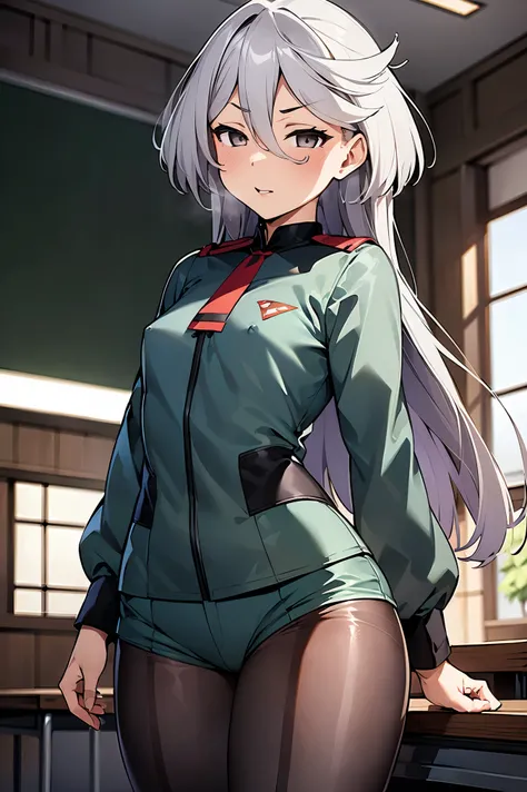 NSFW,masterpiece, top quality, high definition , very detailed ,miorine rembran、Asticasia uniform、solo、 long hair on background、 gray eyes、Grey Hair、 、Seamed legwear、 green shorts、 ties、bangs、 hair between eyes、 black pantyhose、 Long Sleeve 、 green jacket、...