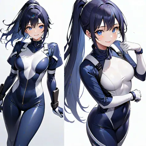 (​masterpiece、 top quality、 highest resolution、Clear image、 detailed images、 The angle is from above ): (solo、Lonely Girl、Japanese Face、 high knot ponytail、Dark blue hair girl、Sparkling Blue Eyes、( white and navy blue pilot suit with enamel finish、 white a...