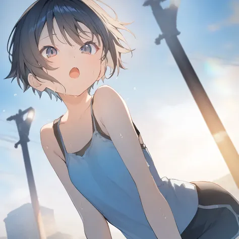 1girl, little female, tomboy, flat chest, sweat, shorts, beautiful detailed eyes,open mouth, outdoors,wind, game CG, break,(artist:akinashi_yuu),artist:fujiyama,artist:artist:yuugen,break,(masterpiece), (best quality), (ultra-detailed),(Detailed Lighting),...